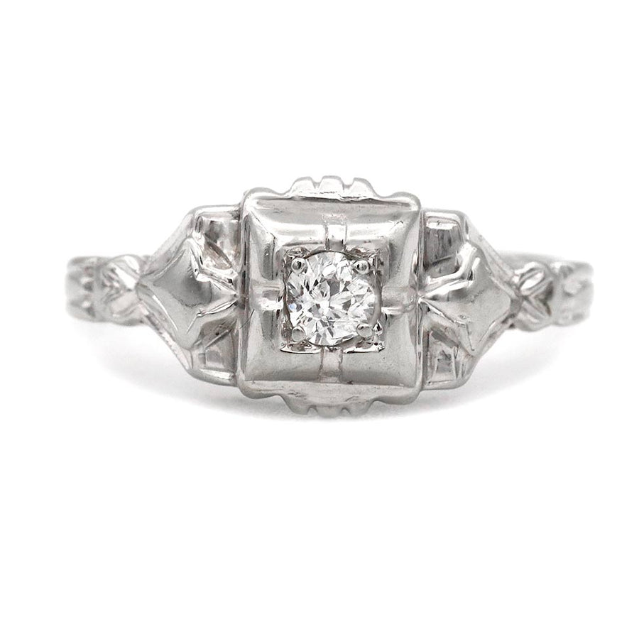 Art Deco .15 Ct Diamond 18 Karat White Gold Geometric Vintage Engagement Ring