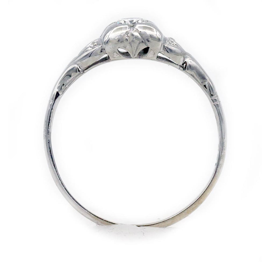 Art Deco Old European Cut Diamond Antique Engagement Ring .28 CTW Side Stones 18K White Gold Circa 1930s