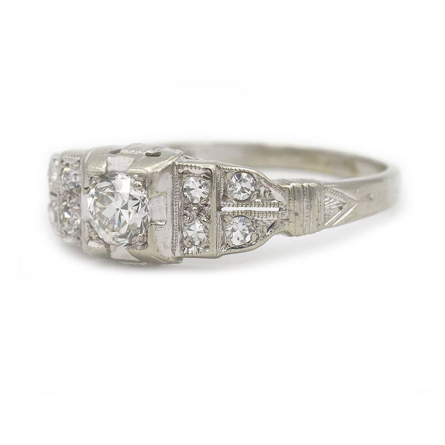Art Deco .30 Ct Old European Cut Diamond Engagement Ring with Tiered Side Stones | 18K White Gold