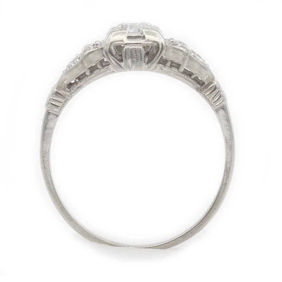 Art Deco .30 Ct Old European Cut Diamond Engagement Ring with Tiered Side Stones | 18K White Gold