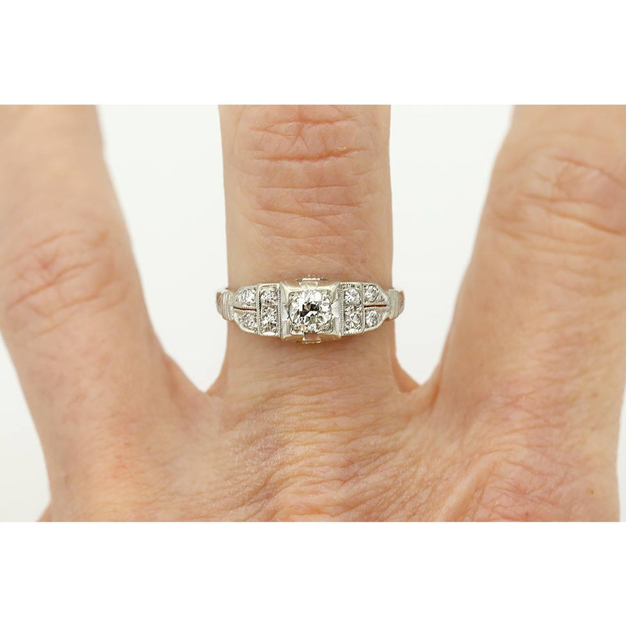 Art Deco .30 Ct Old European Cut Diamond Engagement Ring with Tiered Side Stones | 18K White Gold