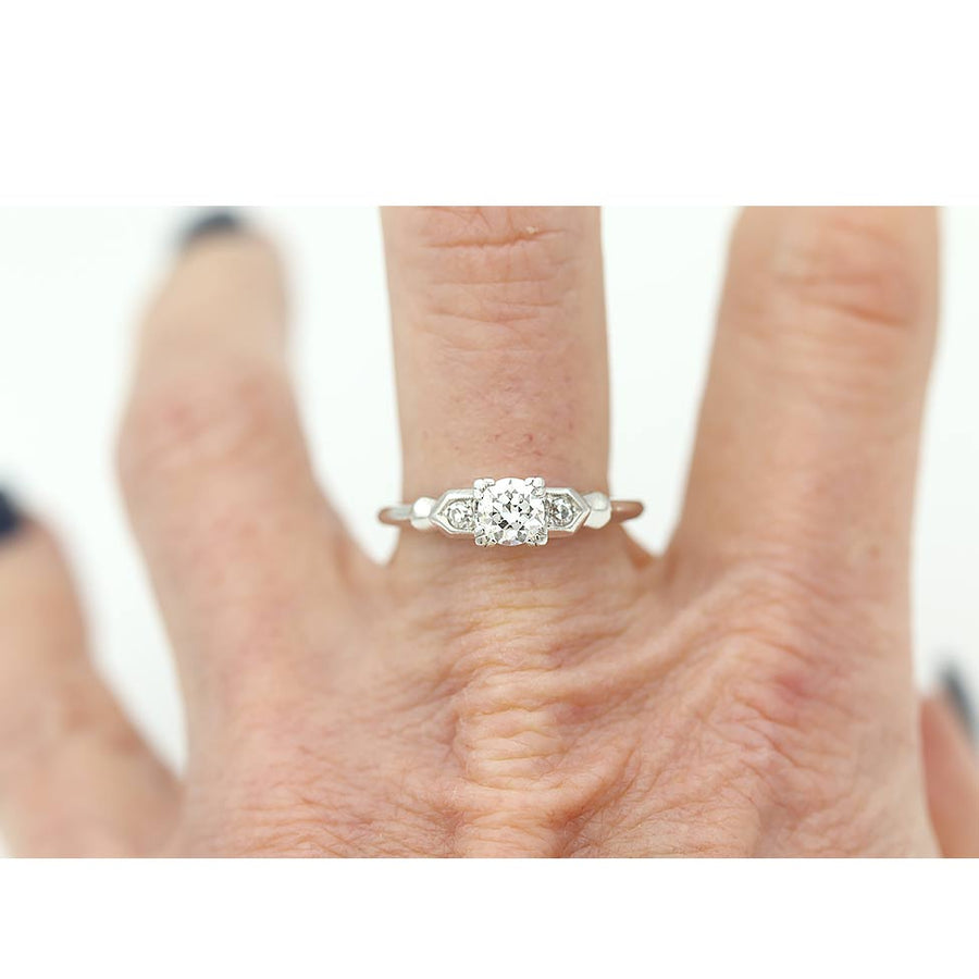 Art Deco .50 Ct Old European Cut Diamond Three Stone Engagement Ring in Platinum