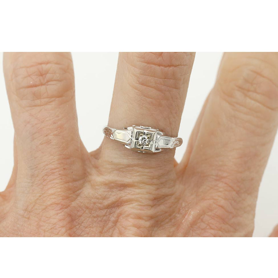 Art Deco .08ct Old European Cut Diamond Engagement Ring | G VS2 14k White Gold Square Filigree