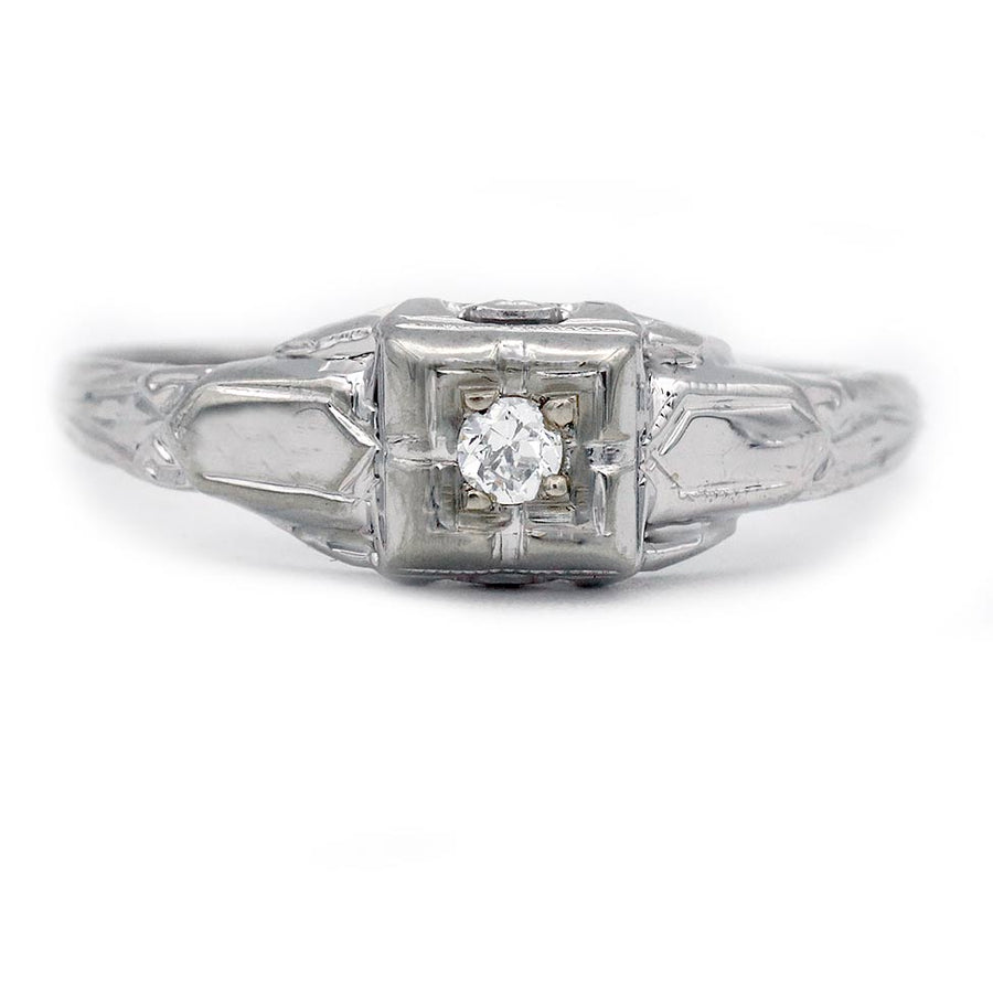 Art Deco .08ct Old European Cut Diamond Engagement Ring | G VS2 14k White Gold Square Filigree
