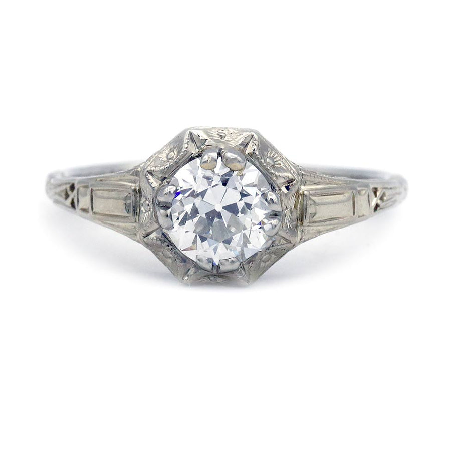 Antique .89 Ct GIA Old European Cut Diamond - 18k White Gold Art Deco Ring
