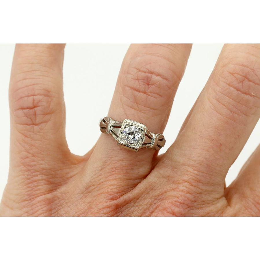 Antique .43 Ct GIA Old European Cut Diamond - 18k White Gold Art Deco Ring