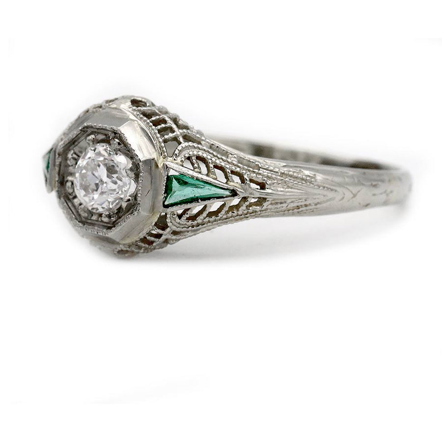 Art Deco .40 CTW Antique Diamond Emerald Engagement Ring