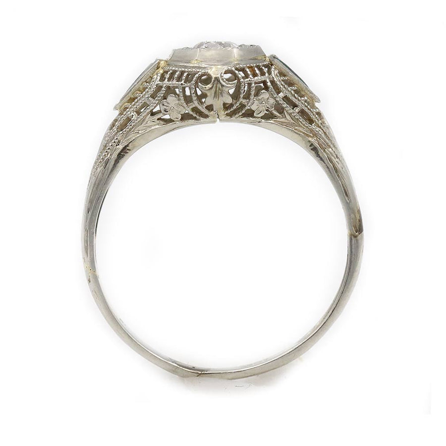 Art Deco .40 CTW Antique Diamond Emerald Engagement Ring