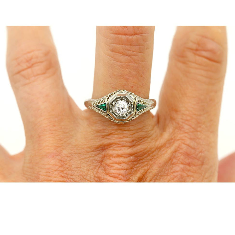 Art Deco .40 CTW Antique Diamond Emerald Engagement Ring