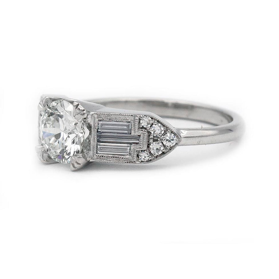 Art Deco style engagement ring 1.06 CTW GIA certified old European cut diamond I SI1 with baguette accents in recycled platinum side view