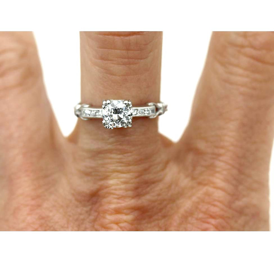 Art Deco .77 CTW Old European Cut Vintage Diamond Ring with Side Stones GIA J/VS2