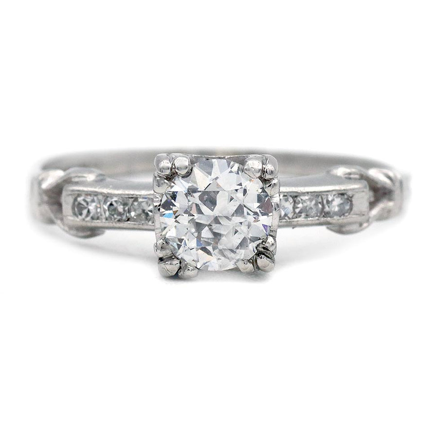 Art Deco .77 CTW Old European Cut Vintage Diamond Ring with Side Stones GIA J/VS2
