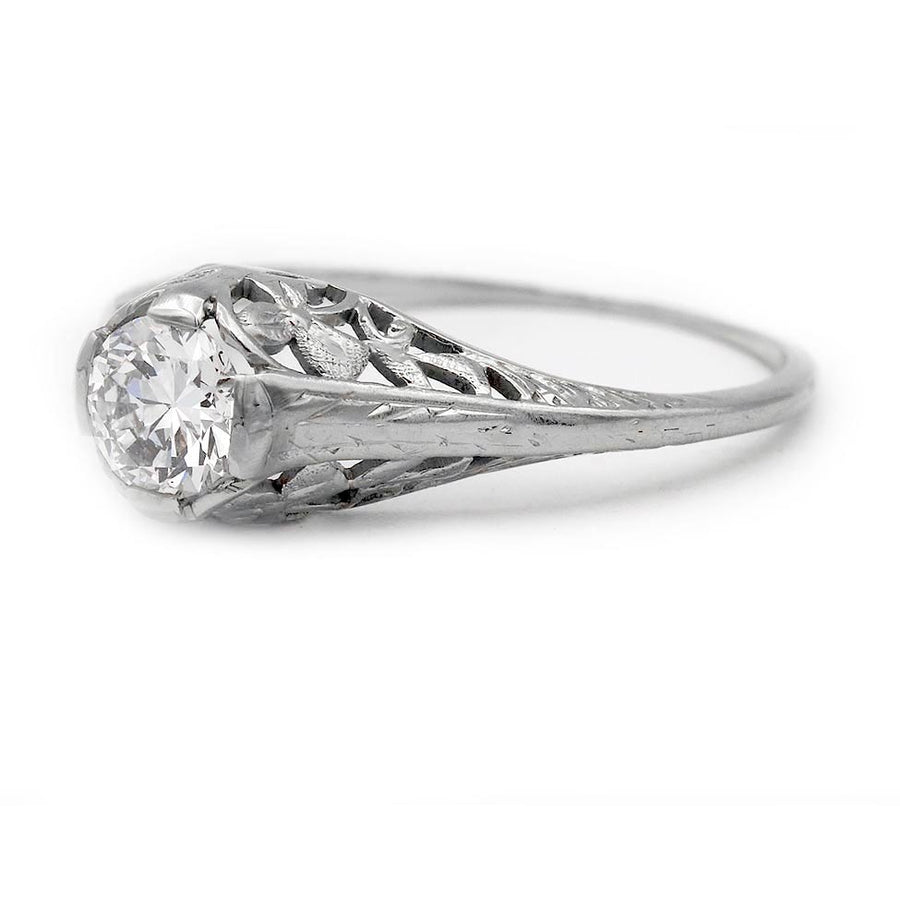 Art Deco .50 CTW Old European Cut Diamond Floral Belais 18K White Gold Vintage Engagement Ring – GIA F/SI2