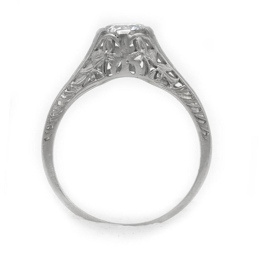 Art Deco .50 CTW Old European Cut Diamond Floral Belais 18K White Gold Vintage Engagement Ring – GIA F/SI2