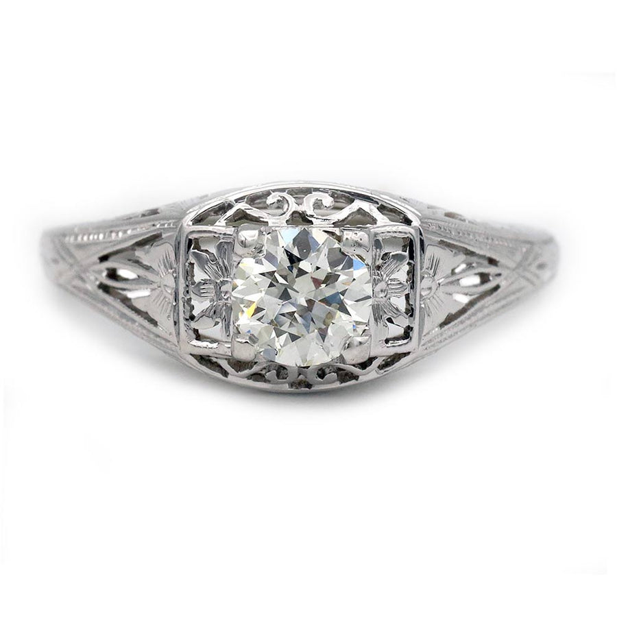 Art Deco .55 Ct Old European Cut Diamond Engagement Ring in 18K White Gold | Signed Barth