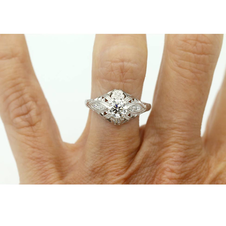 Art Deco .60 Ct Old European Cut Diamond Filigree Platinum Engagement Ring