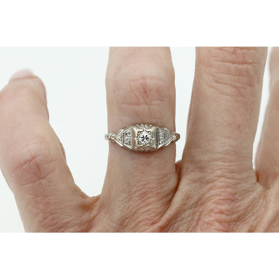 Art Deco .25 CTW Transitional Cut Diamond Engagement Ring in 14K White Gold