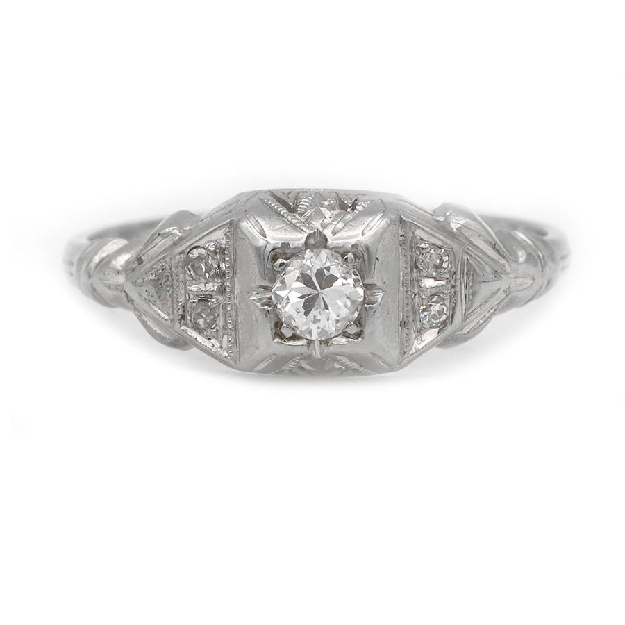 Art Deco .25 CTW Transitional Cut Diamond Engagement Ring in 14K White Gold