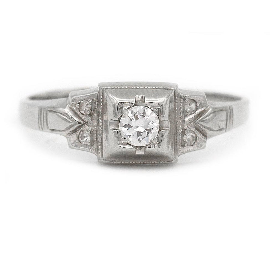 Vintage .15 Ct Old European Cut Diamond Geometric Engagement Ring in 18K White Gold