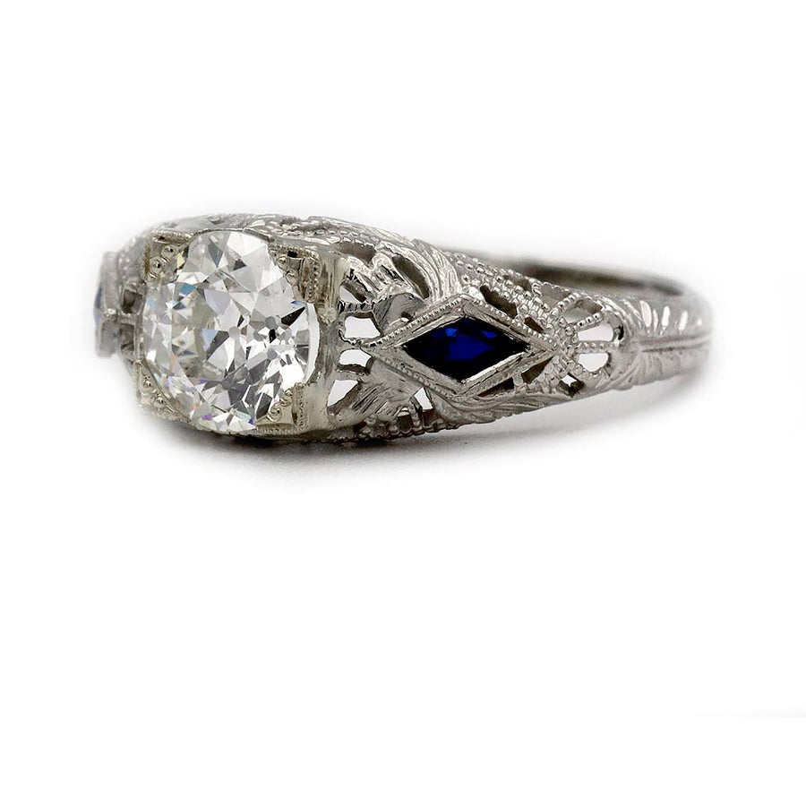Art Deco 1.26 CTW Old European Cut Diamond Sapphire Engagement Ring GIA J SI1