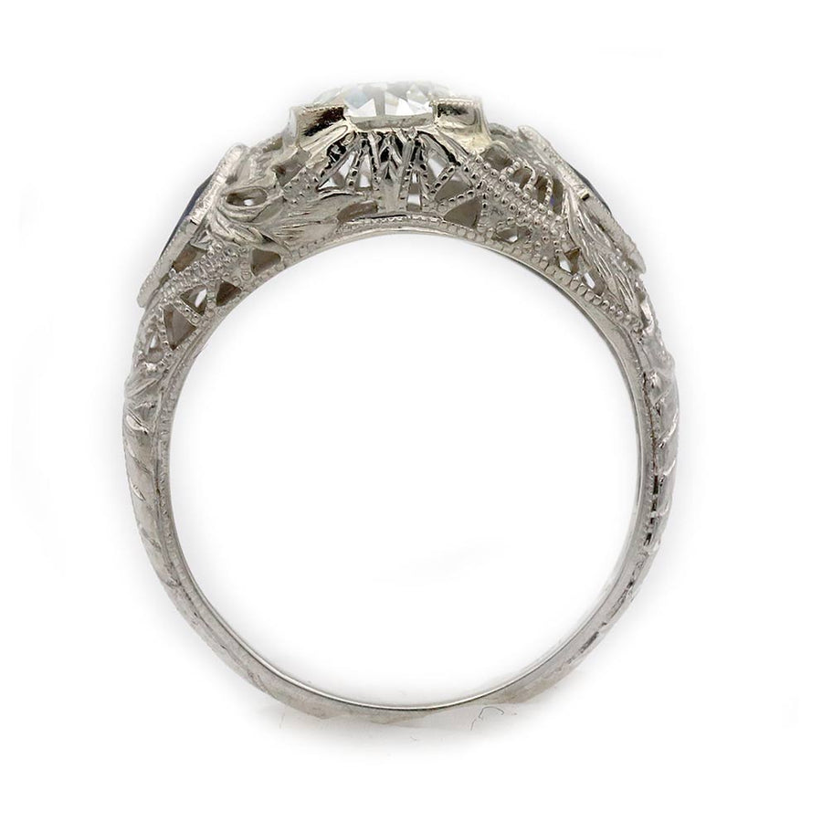 Art Deco 1.26 CTW Old European Cut Diamond Sapphire Engagement Ring GIA J SI1