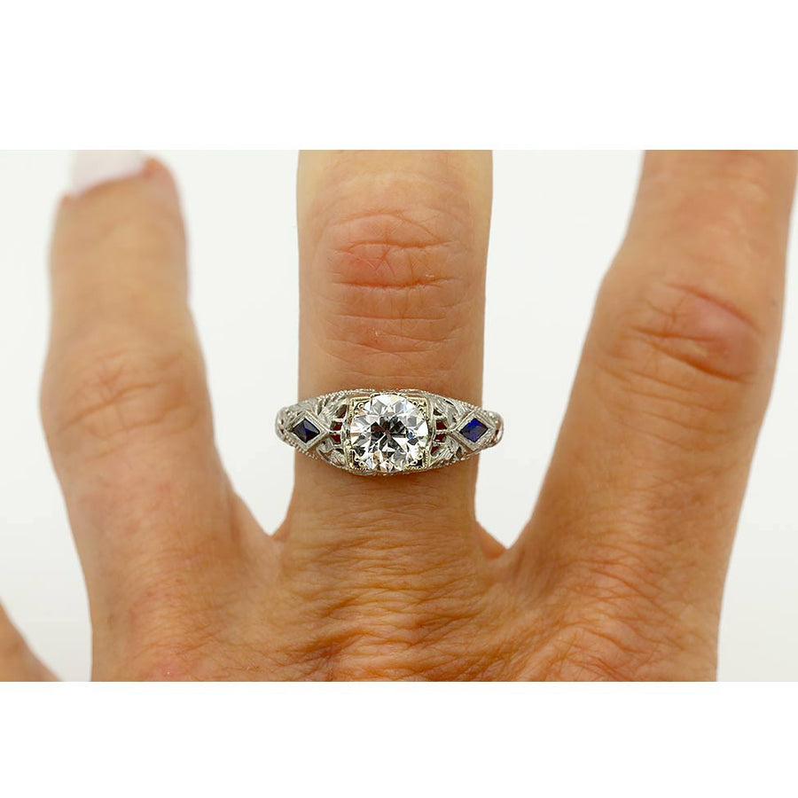 Art Deco 1.26 CTW Old European Cut Diamond Sapphire Engagement Ring GIA J SI1