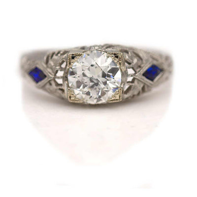 Vintage Diamond Engagement Ring with Kite Shaped Sapphires 1.16 Ct GIA J/SI1