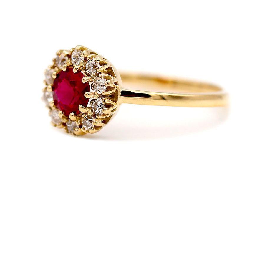 Vintage Style .78 Ct Burma Ruby | 14K Yellow Gold Halo Engagement Ring