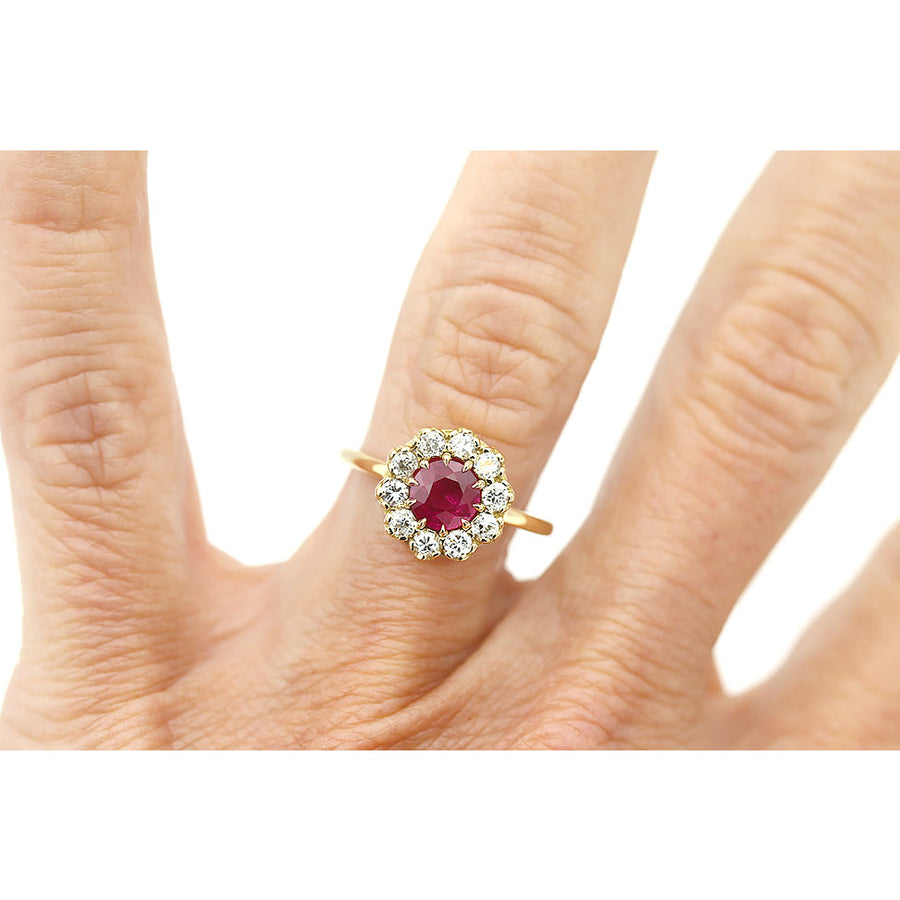 Vintage Style .78 Ct Burma Ruby | 14K Yellow Gold Halo Engagement Ring