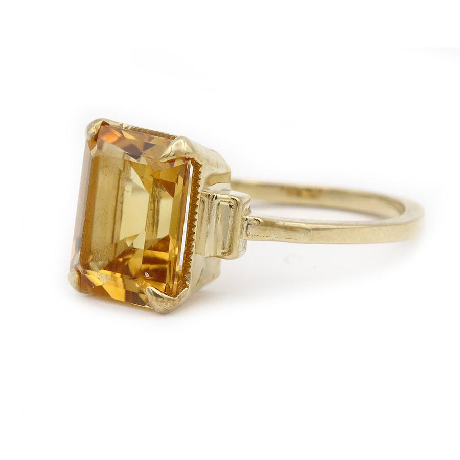Art Deco–Inspired 3.07 Ct Emerald Cut Citrine Engagement Ring in 14 Karat Yellow Gold