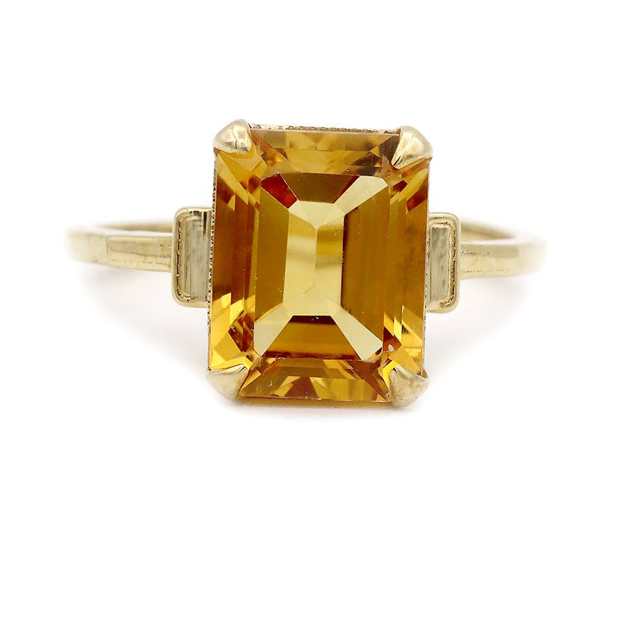 Art Deco–Inspired 3.07 Ct Emerald Cut Citrine Engagement Ring in 14 Karat Yellow Gold