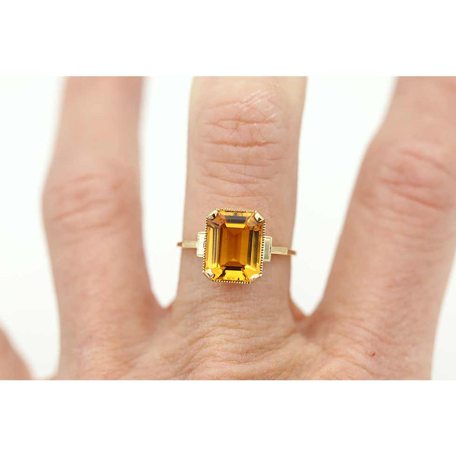 Art Deco–Inspired 3.07 Ct Emerald Cut Citrine Engagement Ring in 14 Karat Yellow Gold