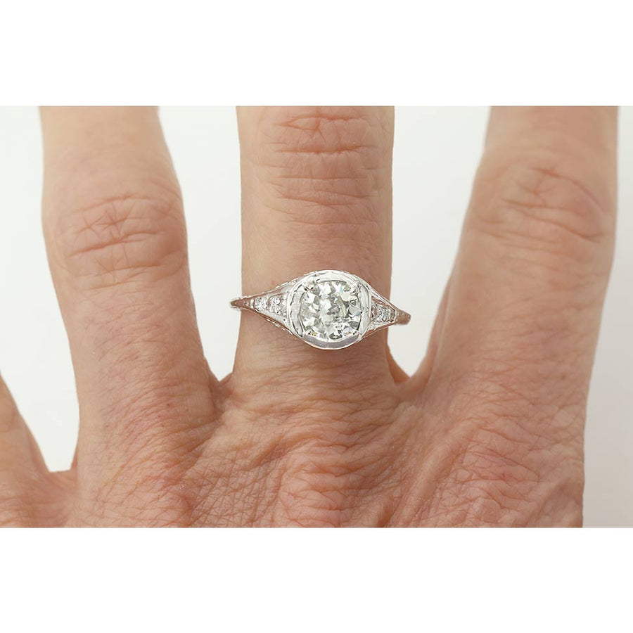 Art Deco 1.02 Ct Old European Cut Diamond Engagement Ring in 18K White Gold | GIA K/VS1