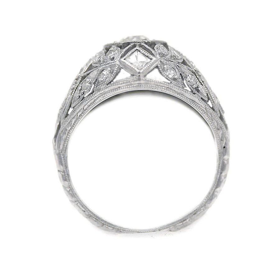 Edwardian Bud and Blossom Old Mine Cut Diamond Bombe Ring 1.00 CTW Platinum Antique Ring Circa 1920s