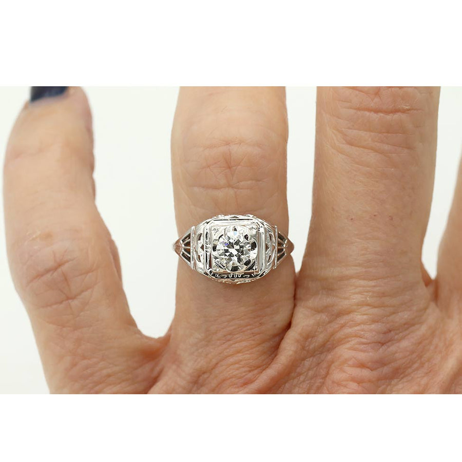 Antique Art Deco Old European Cut Diamond Engagement Ring .40 CTW 18K White Gold on Hand