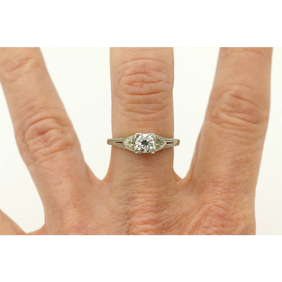 Art Deco .49ct Old Mine Cut Diamond 14K White Gold GIA Engagement Ring