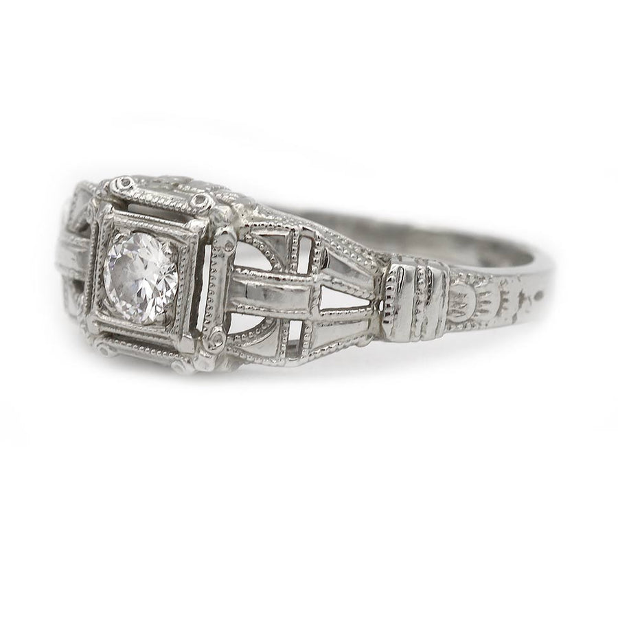 Art Deco .20 Ct Old European Cut Diamond Geometric Engagement Ring in 18K White Gold