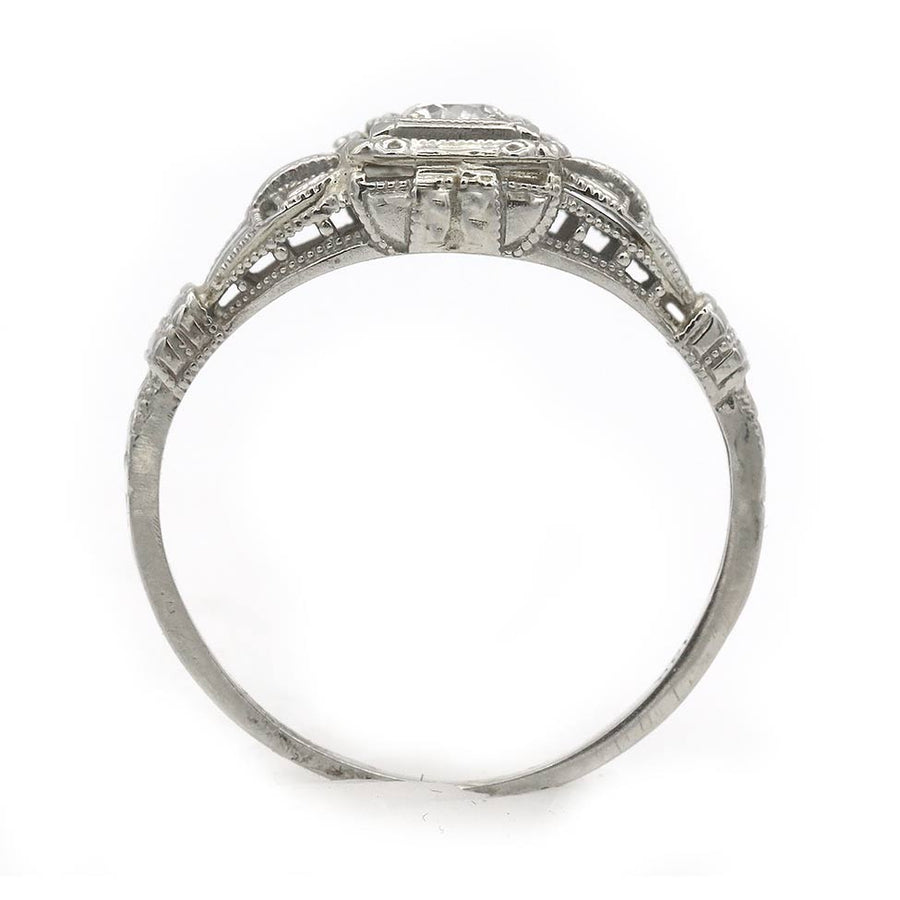 Art Deco .20ct Old European Cut Diamond 18K White Gold Geometric Ring