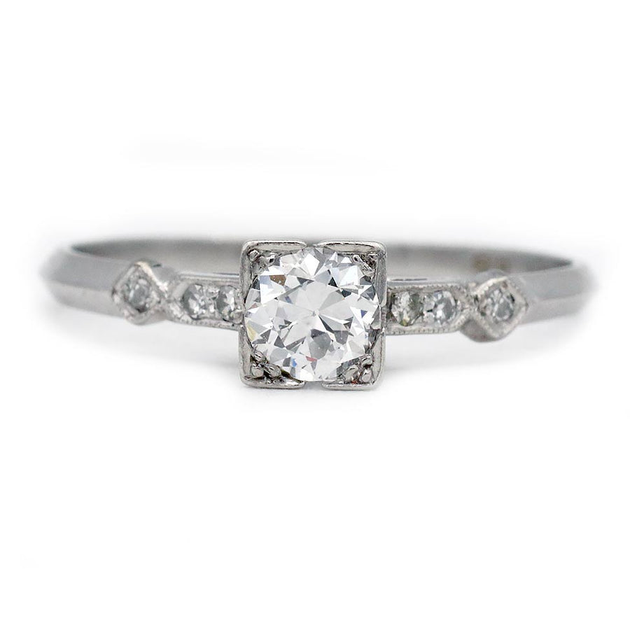 Art Deco .45ct Old European Cut Diamond Platinum Ring | Milgrain Geometric Frame | Circa 1940s
