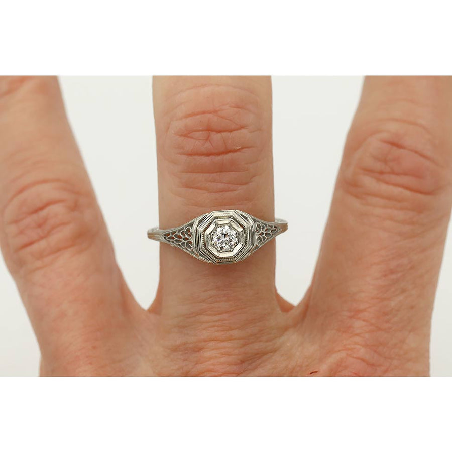Art Deco .25 CT Old Mine Cut Diamond Solitaire | 18K White Gold F/VS2