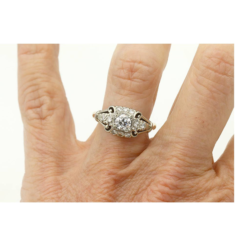 Art Deco .40 Ct Transitional Cut Diamond Two-Tone Vintage Engagement Ring in 18K Gold