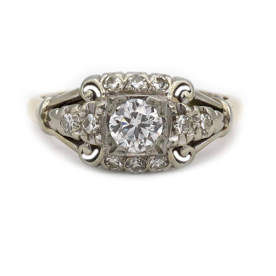 Art Deco .40 Ct Transitional Cut Diamond Two-Tone Vintage Engagement Ring in 18K Gold