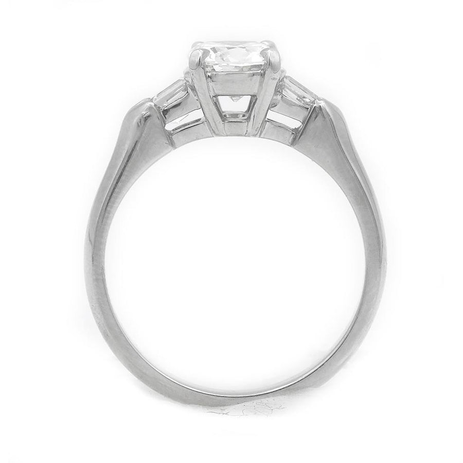 Vintage 1.33 CTW Cushion Cut Diamond & Bullet Three-Stone Engagement Ring | GIA H/VS1