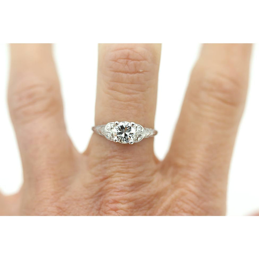Art Deco .90 CTW Old European Cut Diamond Vintage Engagement Ring 14k White Gold GIA I/SI2