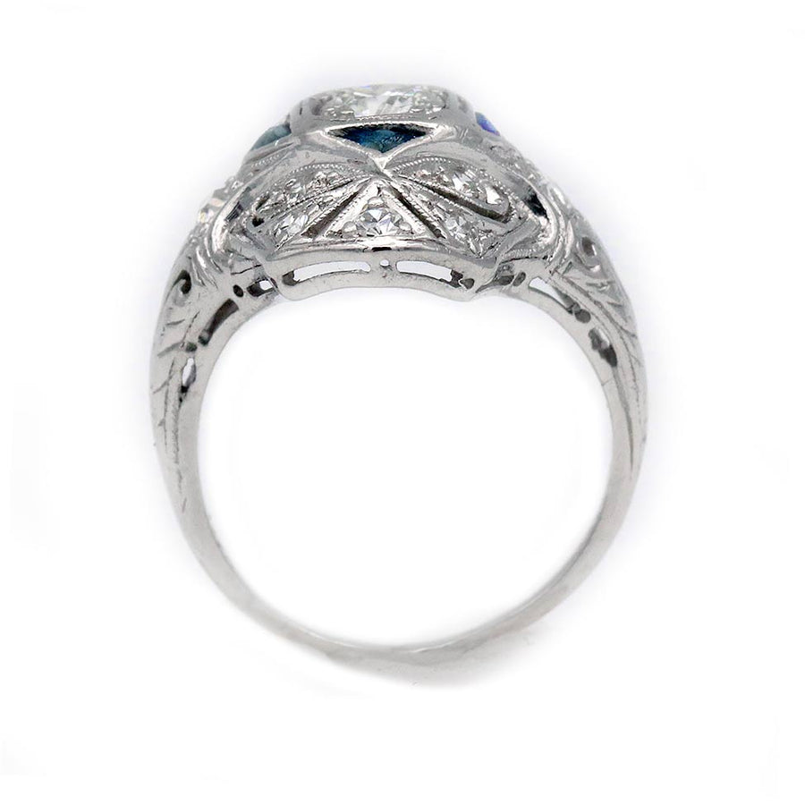 Art Deco .74 CTW Old Mine Cut Diamond & Sapphire Dinner Ring | Platinum