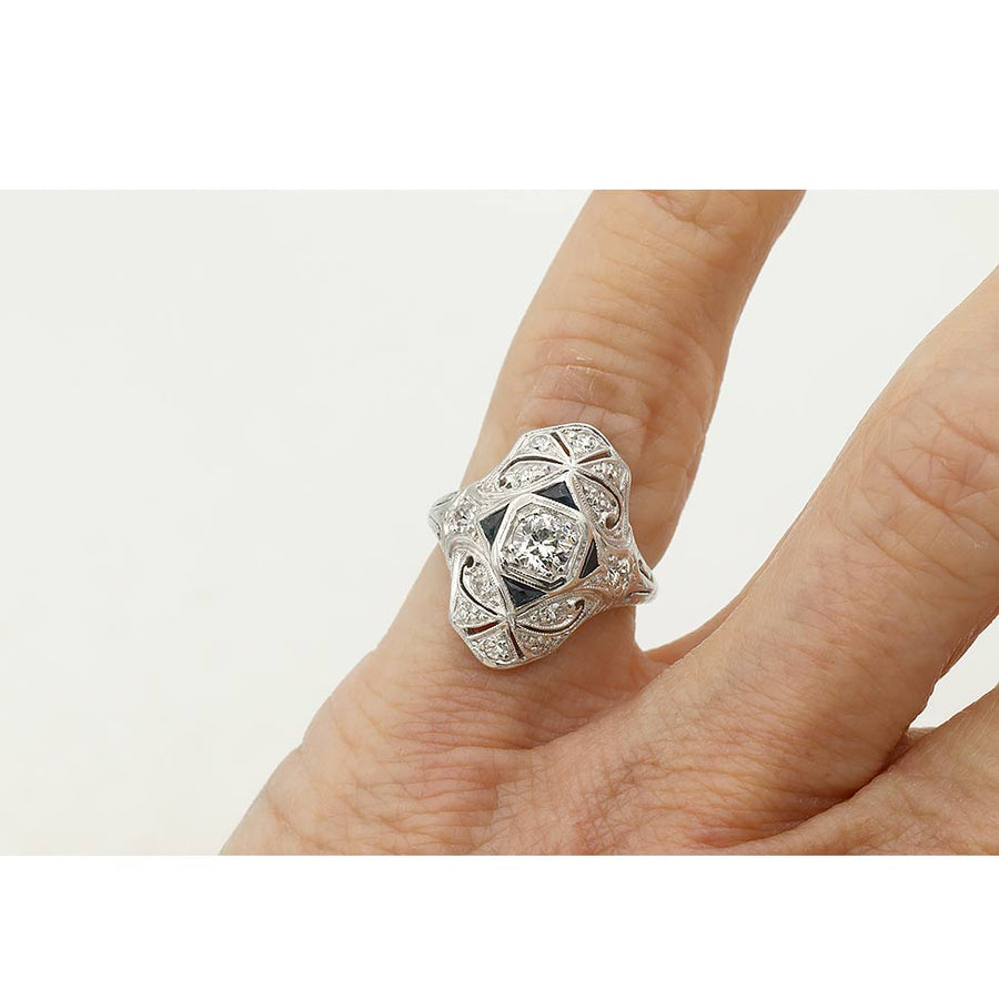 Art Deco .74 CTW Old Mine Cut Diamond & Sapphire Dinner Ring | Platinum