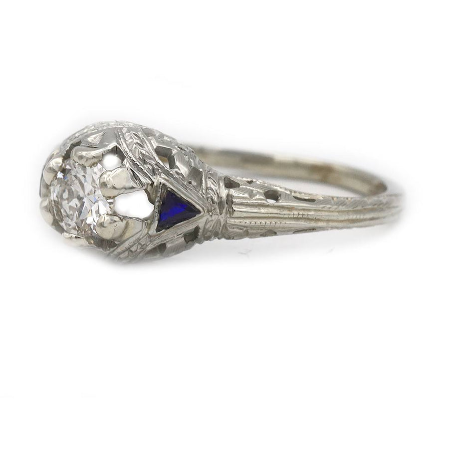 Art Deco Three Stone Old Mine Cut Diamond & Sapphire Engagement Ring