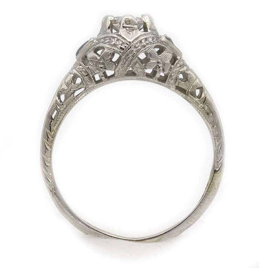 Art Deco Three Stone Old Mine Cut Diamond & Sapphire Engagement Ring