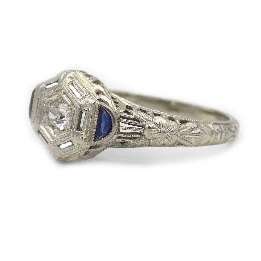 Art Deco .20 CTW Mine Cut Diamond Sapphire Vintage Engagement Ring