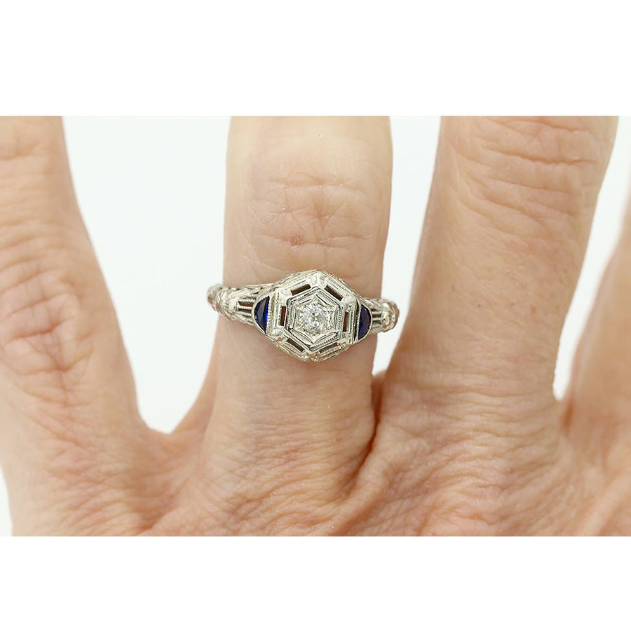 Art Deco .20 CTW Mine Cut Diamond Sapphire Vintage Engagement Ring